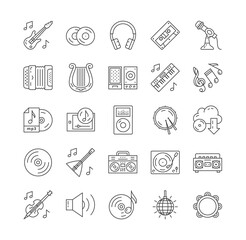 25 Outline Black music and musical instruments icons from vintage to new symbols