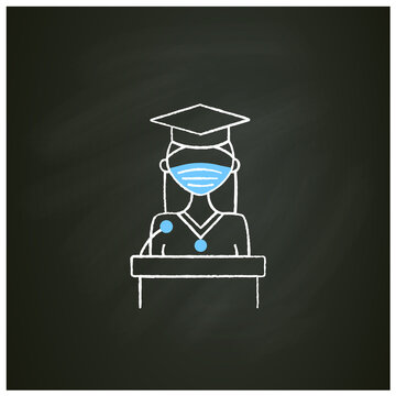 Graduation speech chalk icon. Celebrating ceremony. Obtaining diplomas. Motivational speech. Student congratulates. Graduation concept. Isolated vector illustration on chalkboard