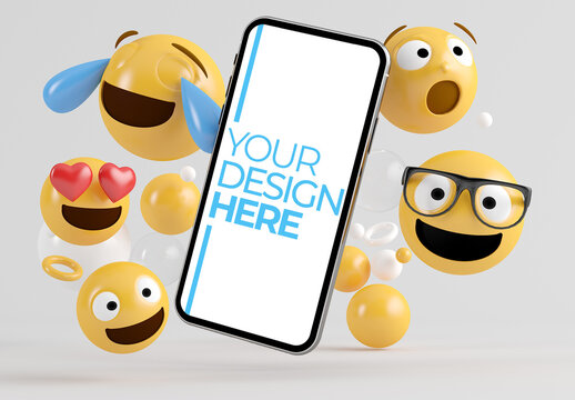 Floating Phone with Emoji Illustrations Mockup
