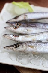 Fresh Kacang-kacangan/ Snuk Fish, on a white plate on ice with some processed ingredients.