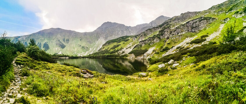 A crystal clear from stream flowing into mountain lake with green grass and mountains around and cloudy sky, Rohace, Rohacske plesa, Slovakia