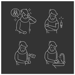 Flu chalk icons set.Hand washing .Vaccination. Hands disinfection.Call doctor.Health care.Isolated vector illustrations on chalkboard