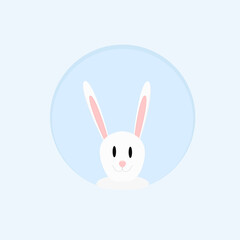 happy white rabbit in blue circle on sky blue background