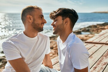 Romantic gay couple at the beach.