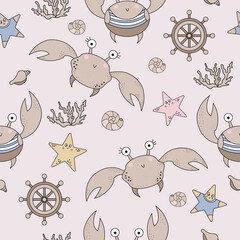 Marine Seamless Pattern. Cute funny crabs with eyes and corals, starfishes and seashells on a light background. Vector. For design, decor, printing, packaging, textiles and wallpaper and decoration