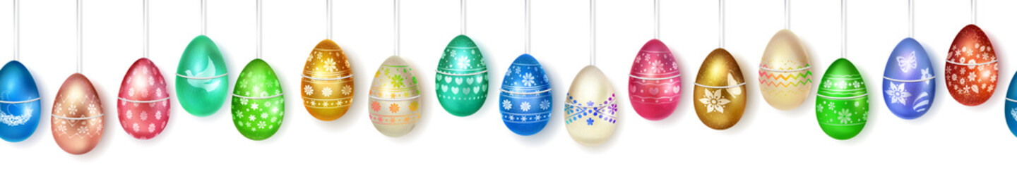 Banner made of realistic hanging Easter eggs in various colors with holiday symbols, glares and shadows on white background with seamless horizontal repetition