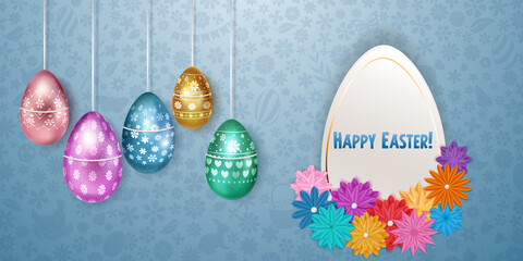 Illustration with inscription, flowers and several hanging realistic Easter eggs in various colors with holiday symbols on colorful background