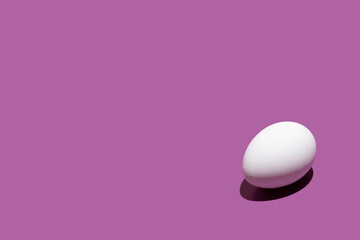 White Easter egg on pastel purple background. Minimal sunlit concept. Copy space concept.