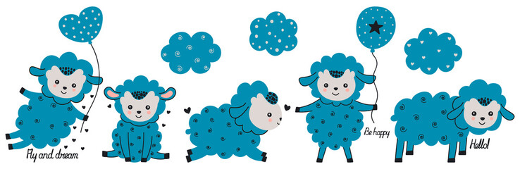Set of four little cute cartoon blue lambs with calligraphic lettering and Scandinavian style clouds. For printing on baby clothes, postcards, stickers, nursery decor. Vector.