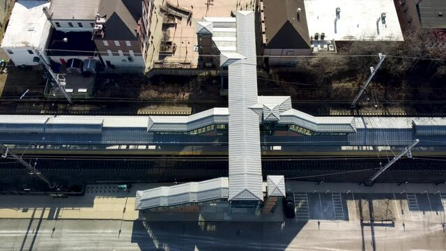 Aerial view of train arriving in station in South Amboy, New Jersey
