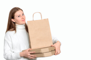 delivery food, girl holding boxes of food in her hands, isolated on white background