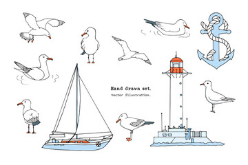 Hand drawn summer sea print. Marine pattern in cartoon style. Set of gull, seabird, flying seagull , lighthouse, anchor, yacht illustration.  Isolated doodle vector illustration set.  Sail, ocean
