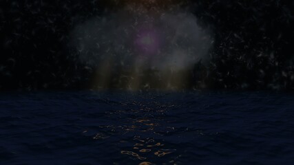 Dark ocean with dreamy feathers and lights background