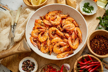 Roasted Prawns on frying pan served on white wooden cutting board