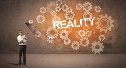 Businessman defending with umbrella