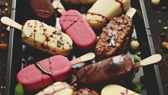 Ice cream on stick coated with various chocolate glazes and toppings. Top view, flat lay