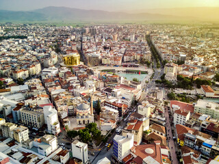 Obraz premium Aerial photograph of the capital of Aydin province - Aydin city from high point of drone fly in sunny day in Turkey. 