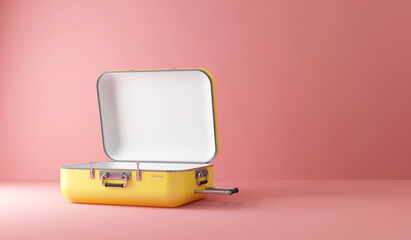 Opened Empty Yellow Travel Suitcase on Pink Studio background