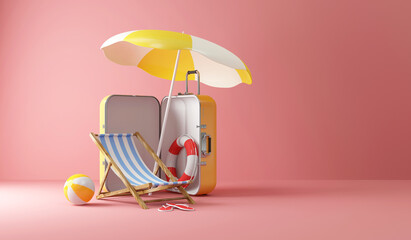 Summer Concept. Suitcase with Different Accessories for Vacation on pink studio background - 423289320