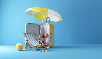 Summer Concept. Suitcase with Different Accessories for Vacation on studio background