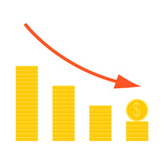 Coins down graph. The concept of reducing costs, investment expenses, financial crisis.