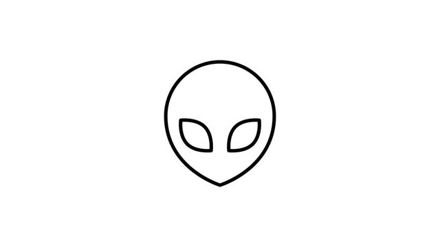 Black line Alien icon isolated on white background. Extraterrestrial alien face or head symbol. 4K Video motion graphic animation. Alpha channel.