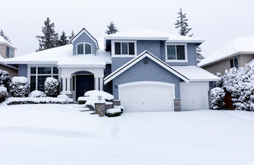 Curbside view of home during winter snowstorm with light snow coming down