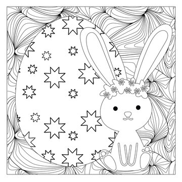 Easter Bunny Coloring Page! Easter Bunny Coloring Book, Easter Bunny Rabbit Cartoon Character with Easter Egg.