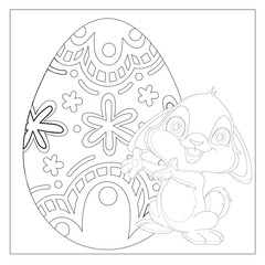 Easter Bunny Coloring Page! Easter Bunny Coloring Book, Easter Bunny Rabbit Cartoon Character with Easter Egg.