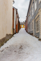 Porvoo, Finland, March 3, 2021. Ancient streets and wooden houses. Scandinavian European architecture