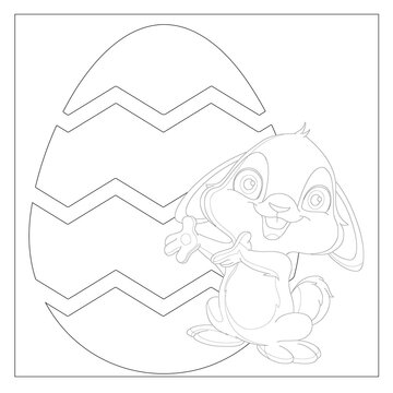 Easter Bunny Coloring Page! Easter Bunny Coloring Book, Easter Bunny Rabbit Cartoon Character with Easter Egg.