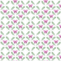 Violet butterflies, green leaves seamless pattern in diagonal order, watercolor illustration simple hand drawn illustration for textile, gift paper, spring holiday decor