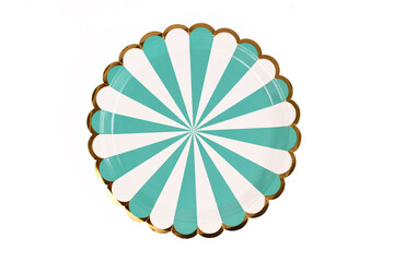 Teal blue and white striped party paper plate isolated on white background