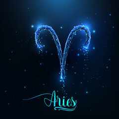 Futuristic glowing low polygonal Aries zodiac sign concept on dark blue background. - obrazy, fototapety, plakaty