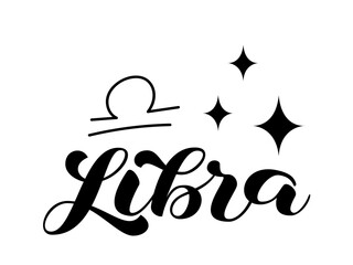 Libra zodiac brush lettering with sign and star. Vector stock illustration for banner or clothes.