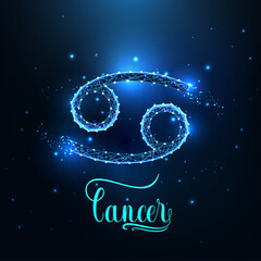 Fototapeta na wymiar Futuristic glowing low polygonal Cancer zodiac sign concept on dark blue background.