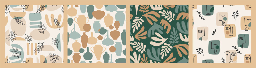 Set of contemporary art seamless patterns. Line art. Modern design for paper, cover, fabric, interior decor and other