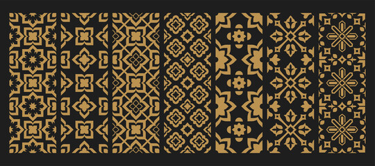 Set arabic oriental ornamental floral abstract arabesque seamless patterns. Golden East motif pattern on black background vector illustration