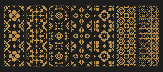 Set arabic oriental ornamental floral geometric arabesque seamless pattern. East motif pattern on black background vector illustration