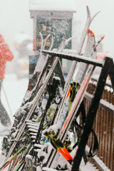 skis based on rack at ski slope