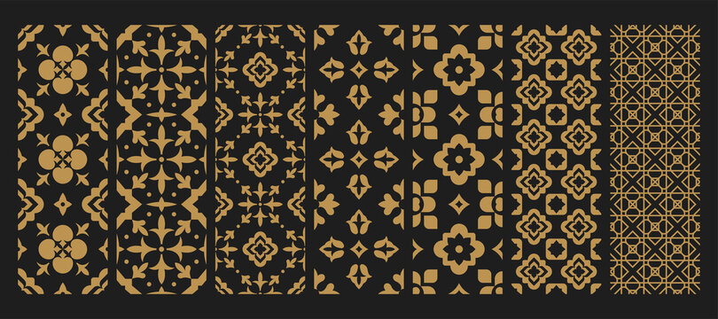 Set arabic oriental ornamental floral geometric arabesque seamless pattern. East motif pattern on black background vector illustration