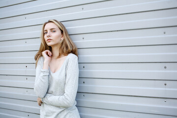 beautiful young woman in blouse, portrait of cute attractive caucasian model