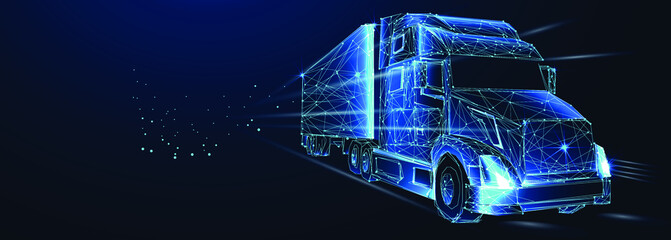 Tractor truck. Abstract vector 3d heavy lorry van. Highway road. Isolated on  dark blue background. Transportation, logistics or international shipping concept. Digital polygonal low poly 3d mesh illu