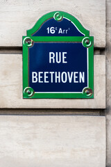 Rue Beethoven road sign in Paris France.