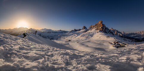 Sunset in Passo Giau, a mountain pass in the Dolomites, near Cortina D'Ampezzo, Italy