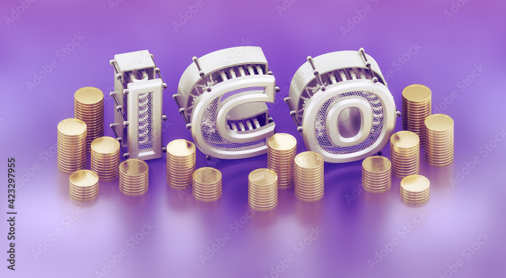 Poster initial coin offering - 3d typography. capital letters in a steampunk style are composed into the ab