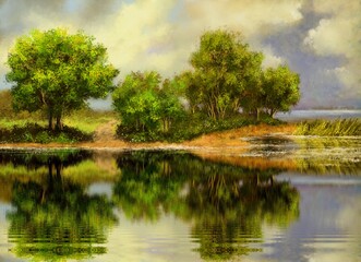 Obraz premium Oil paintings summer landscape, landscape with grass and sun, reflection of trees in water, lake in the forest. Fine art.