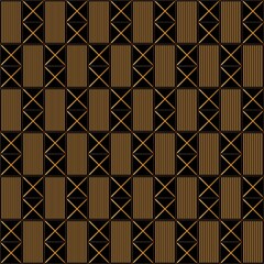 Abstract of geometric lines pattern. Design vertical stripe and x symbol gold on black background. Design print for illustration, texture, wallpaper, background.