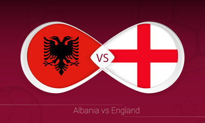 Albania vs England in Football Competition, Group I. Versus icon on Football background.