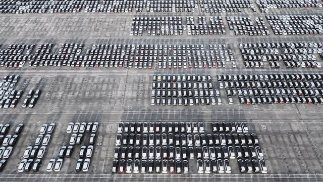 Aerial view of parking lot with new cars, Port of Singapore